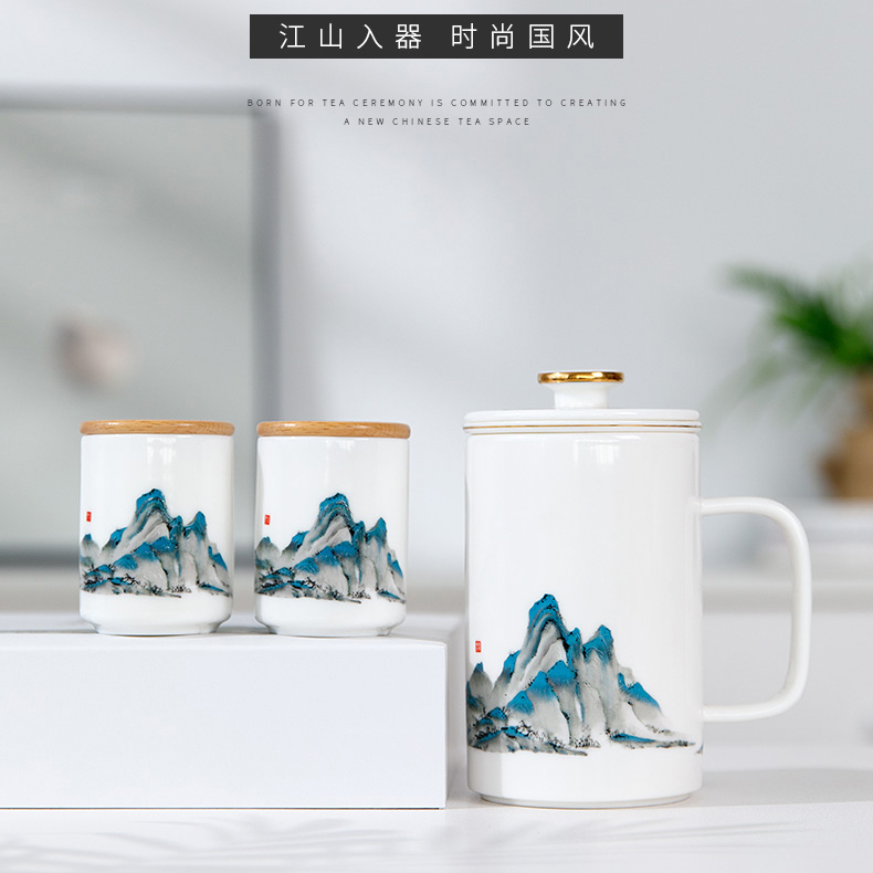 羊脂玉瓷新版千里江山办公杯茶叶罐商务套装
