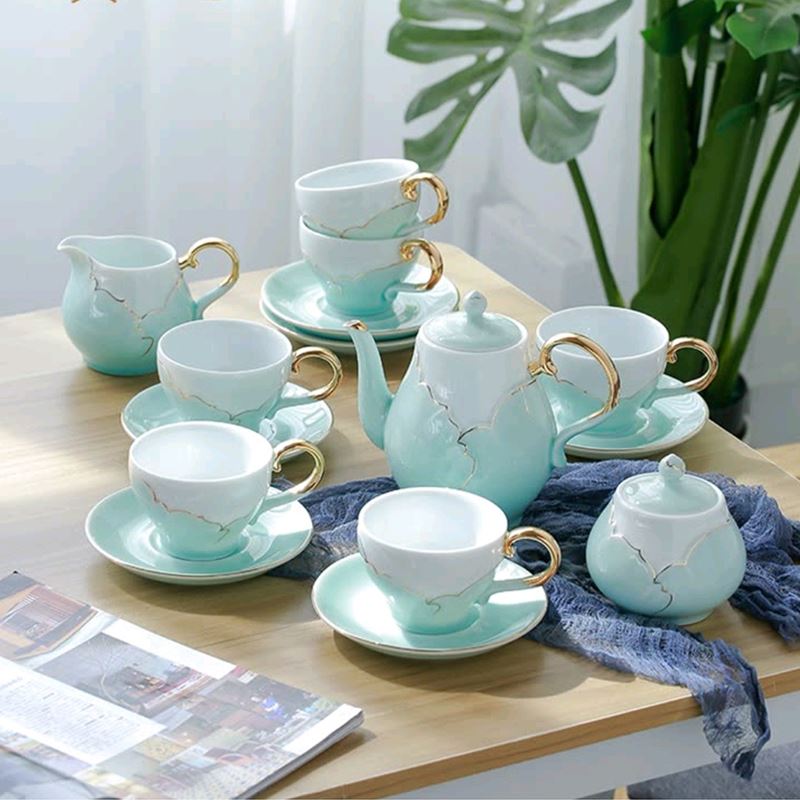 影青憶荷15頭手繪描金陶瓷咖啡具大套裝英式紅茶具花茶茶器套裝