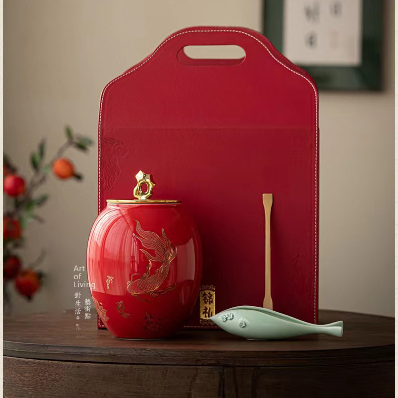 鯉出東方國潮陶瓷茶葉罐套裝（中號）開門紅禮品茶館茶容器