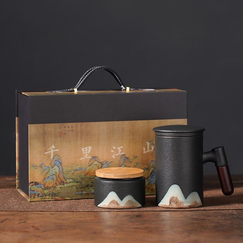 千里江山陶瓷茶具套装-远山木柄杯套组