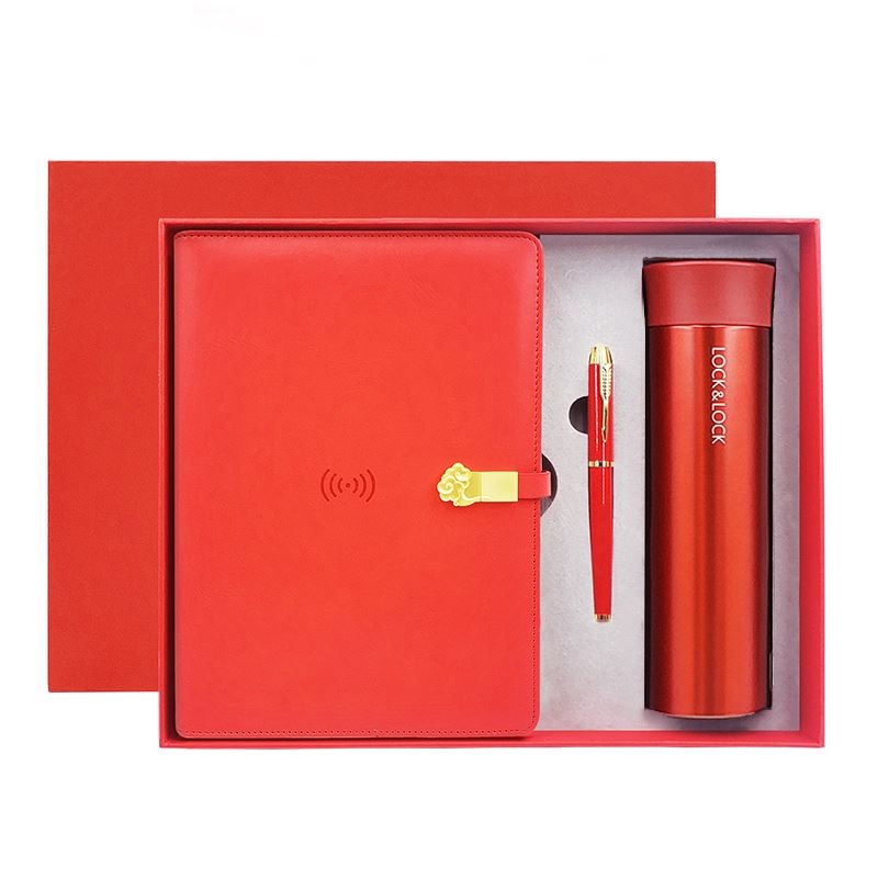 EPOT紅色無線充電筆記本+400ML樂扣保溫杯+筆三件套