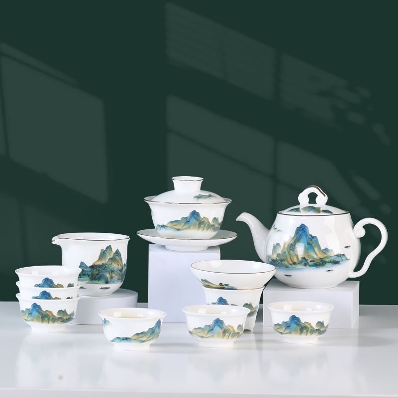 朵彩骨質瓷茶具10件套千里江山DC-K1001A