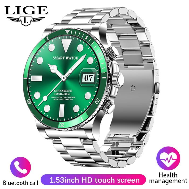 英国LIGE高清大屏钢带商务智能手表BW0596